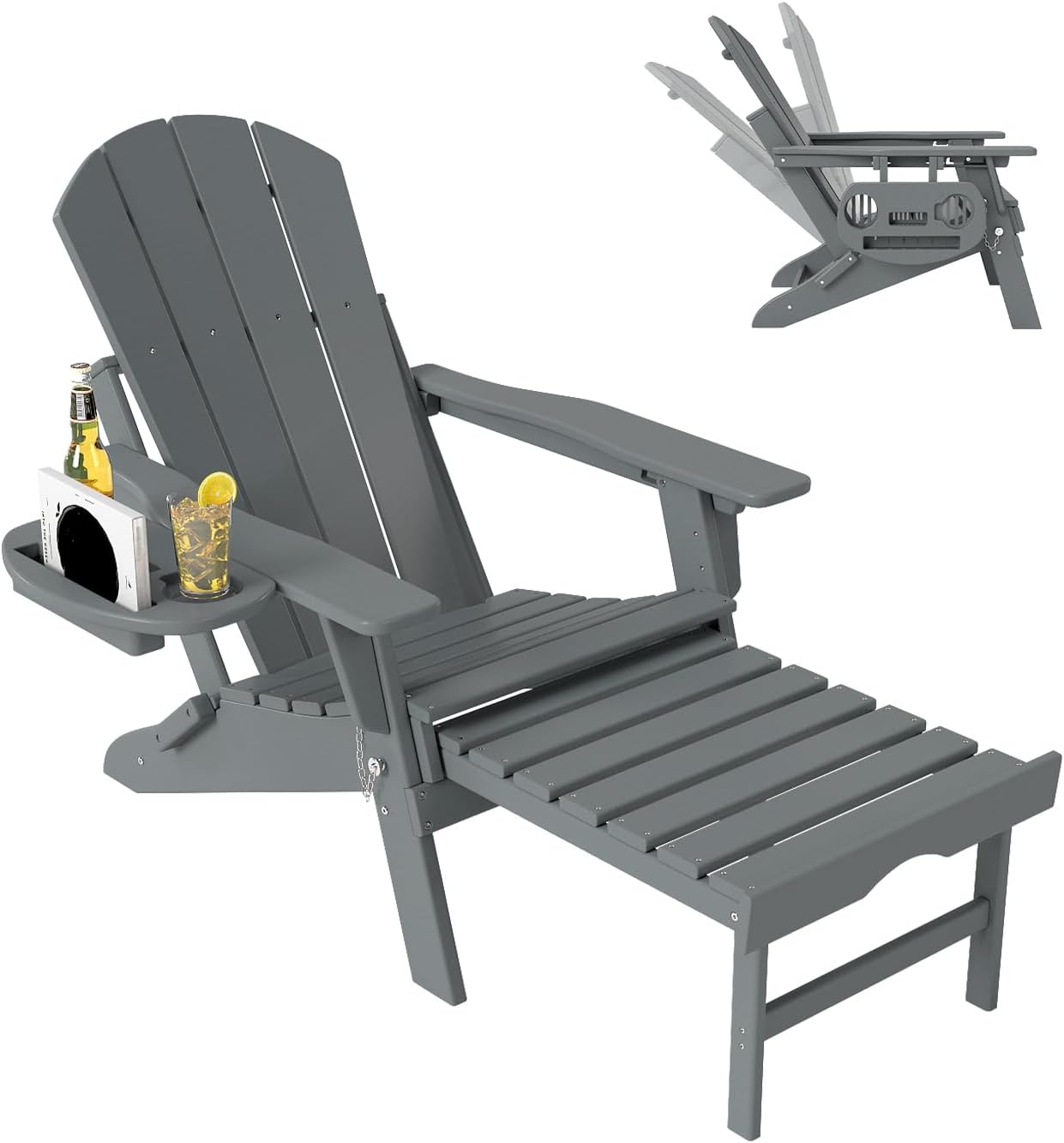 Adjustable Adirondack Chair with Retractable Ottoman Set of 2, HDPE Folding Adirondack Chair with Cup Holder, All Weather Fire Pit Chair for Outdoor.