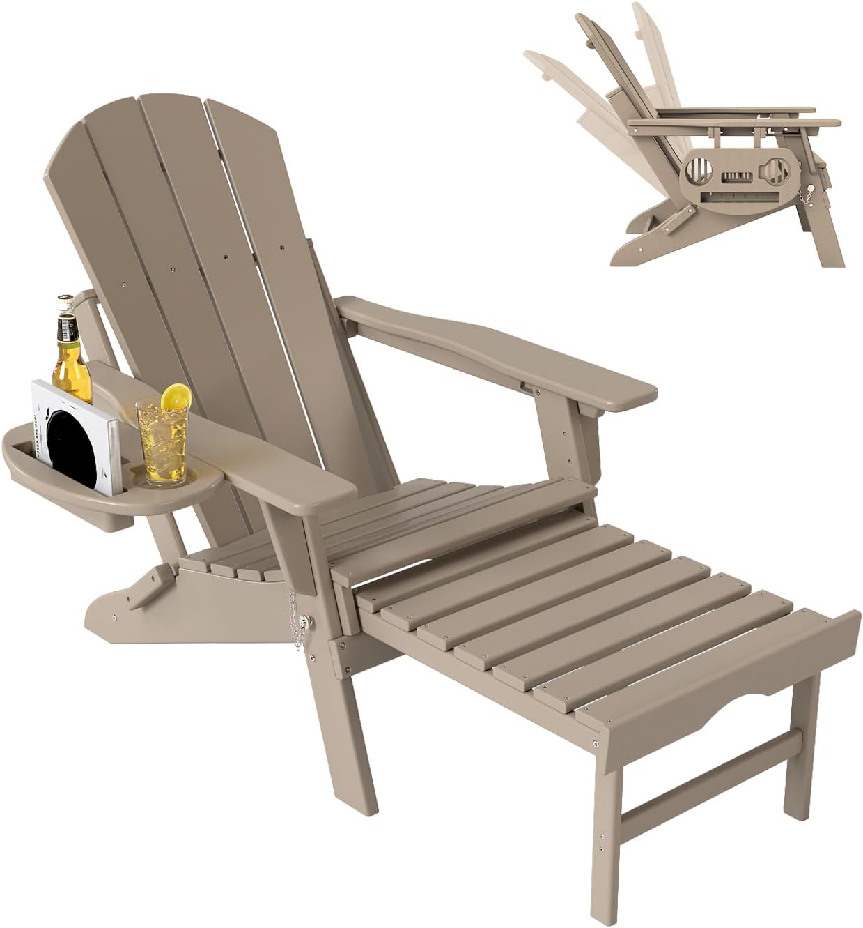 Adjustable Adirondack Chair with Retractable Ottoman Set of 2, HDPE Folding Adirondack Chair with Cup Holder, All Weather Fire Pit Chair for Outdoor.