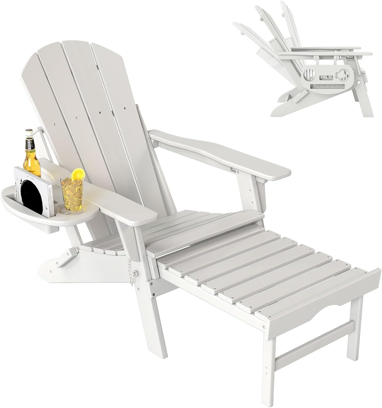 Adjustable Adirondack Chair with Retractable Ottoman Set of 2, HDPE Folding Adirondack Chair with Cup Holder, All Weather Fire Pit Chair for Outdoor.