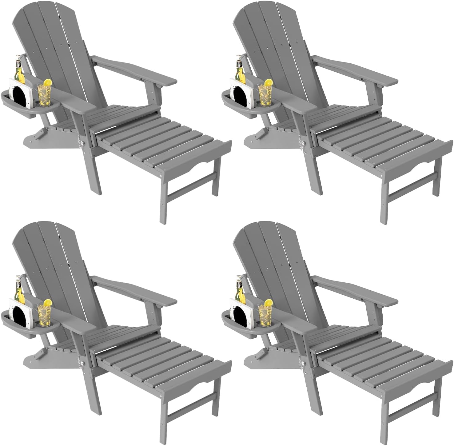 Adjustable Adirondack Chair with Retractable Ottoman Set of 2, HDPE Folding Adirondack Chair with Cup Holder, All Weather Fire Pit Chair for Outdoor.