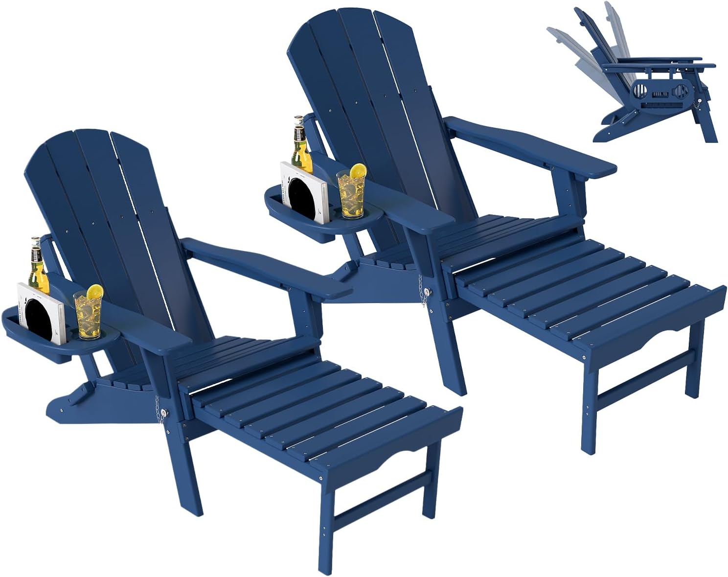 Adjustable Adirondack Chair with Retractable Ottoman Set of 2, HDPE Folding Adirondack Chair with Cup Holder, All Weather Fire Pit Chair for Outdoor.