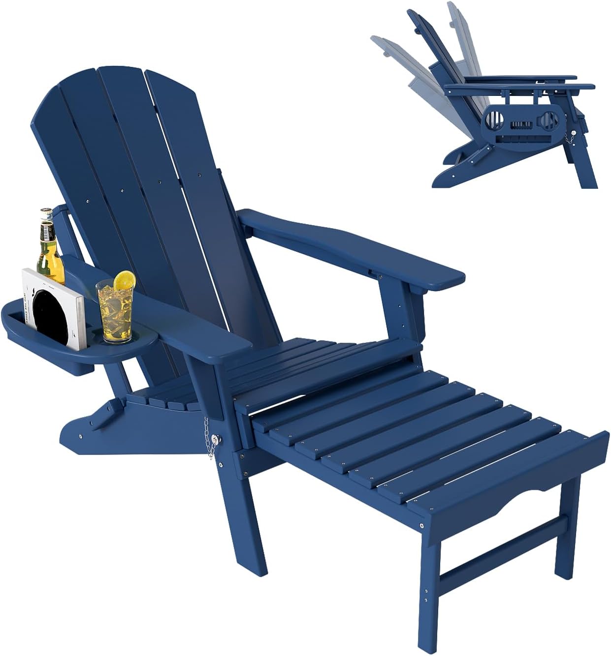 Adjustable Adirondack Chair with Retractable Ottoman Set of 2, HDPE Folding Adirondack Chair with Cup Holder, All Weather Fire Pit Chair for Outdoor.