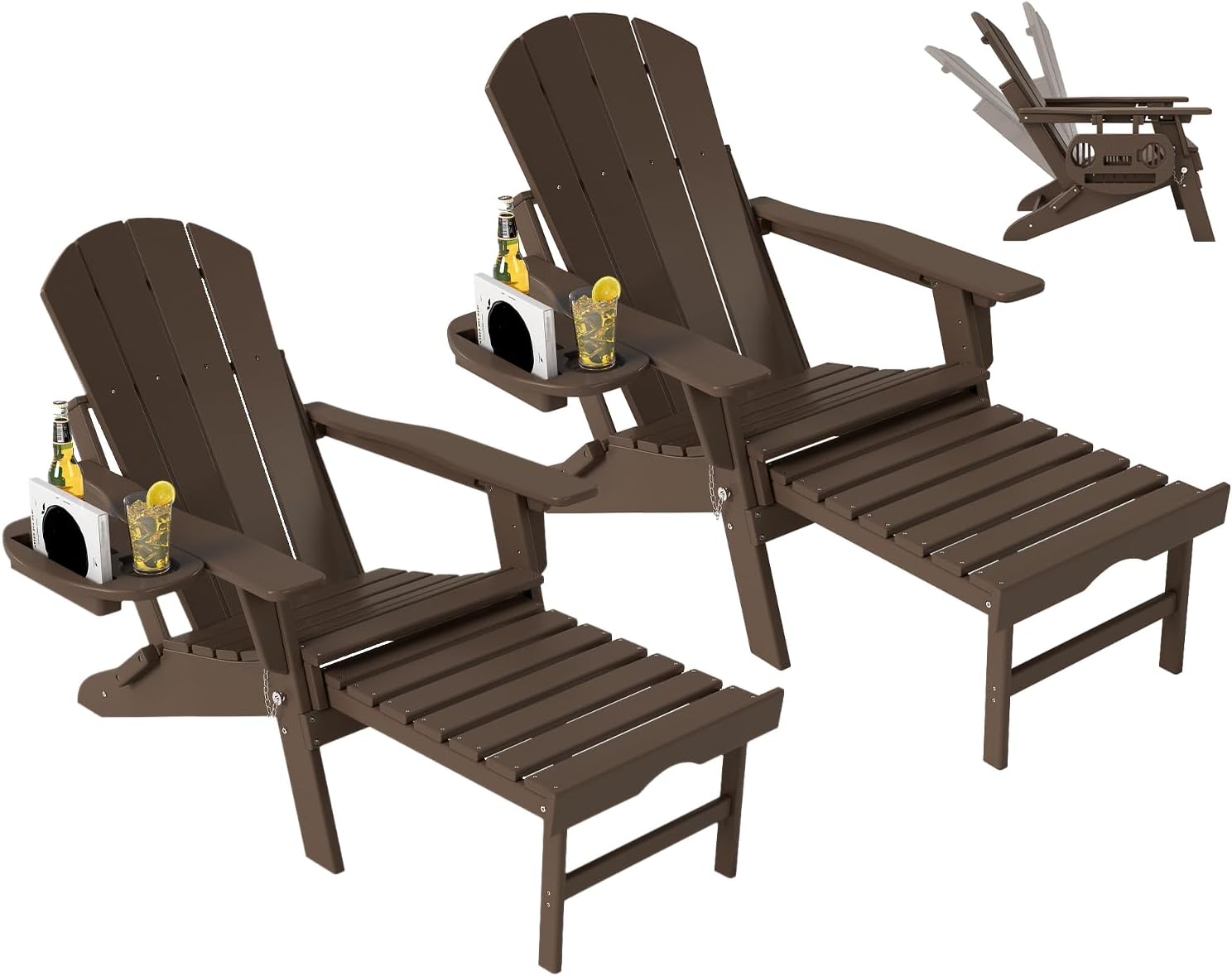 Adjustable Adirondack Chair with Retractable Ottoman Set of 2, HDPE Folding Adirondack Chair with Cup Holder, All Weather Fire Pit Chair for Outdoor.