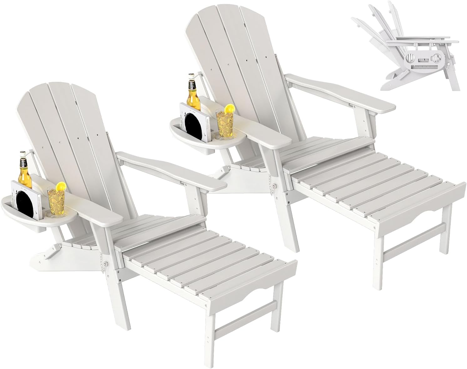 Adjustable Adirondack Chair with Retractable Ottoman Set of 2, HDPE Folding Adirondack Chair with Cup Holder, All Weather Fire Pit Chair for Outdoor.