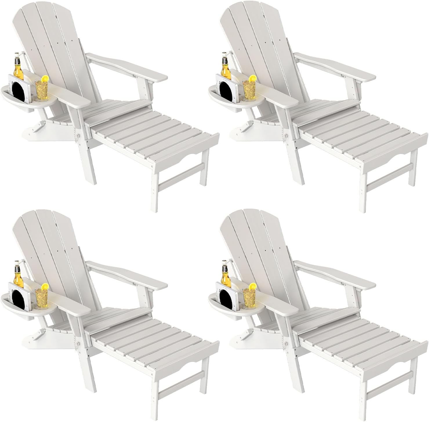 Adjustable Adirondack Chair with Retractable Ottoman Set of 2, HDPE Folding Adirondack Chair with Cup Holder, All Weather Fire Pit Chair for Outdoor.
