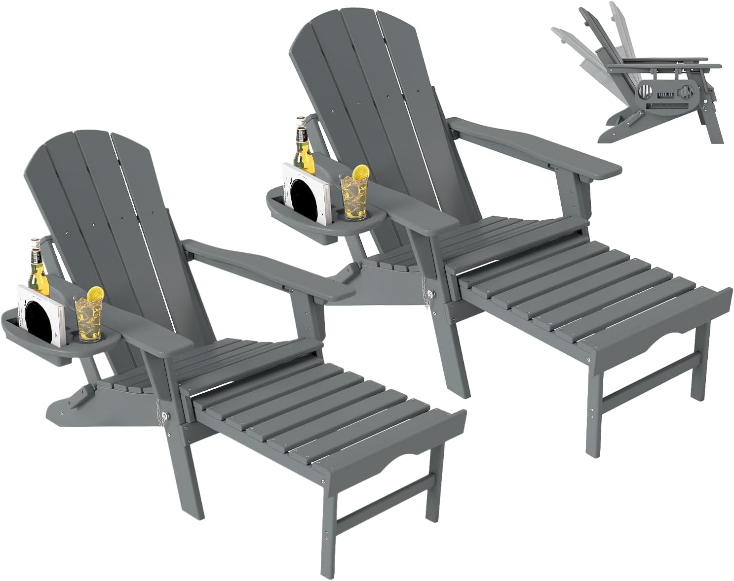Adjustable Adirondack Chair with Retractable Ottoman Set of 2, HDPE Folding Adirondack Chair with Cup Holder, All Weather Fire Pit Chair for Outdoor.