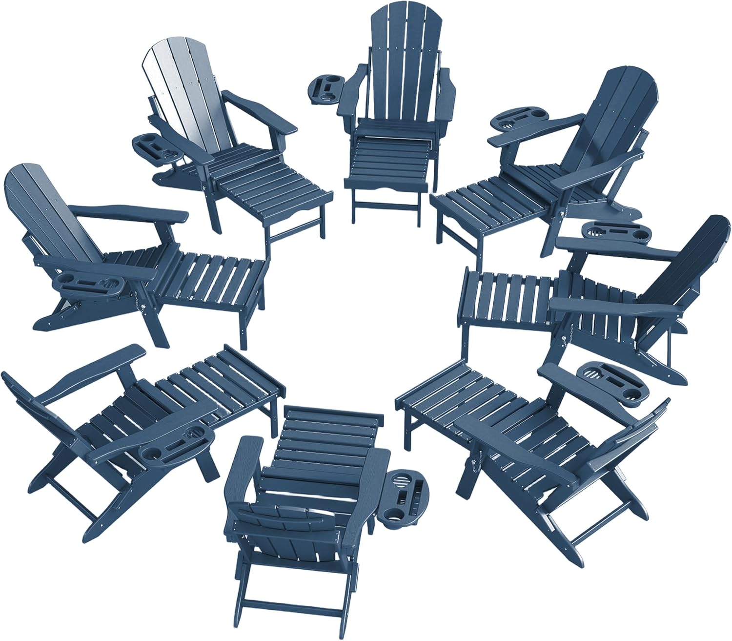 Adjustable Adirondack Chair with Retractable Ottoman Set of 2, HDPE Folding Adirondack Chair with Cup Holder, All Weather Fire Pit Chair for Outdoor.