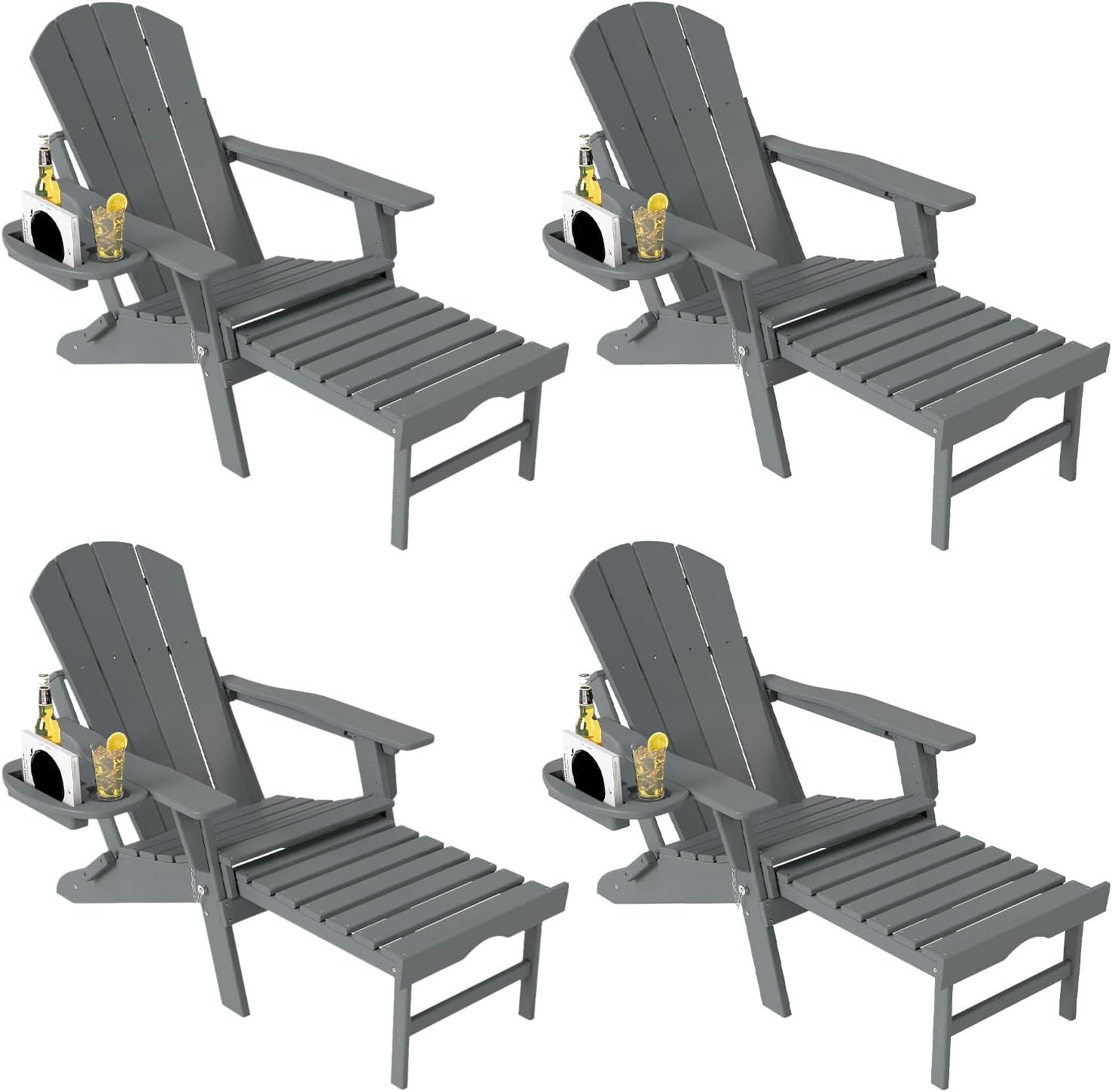 Adjustable Adirondack Chair with Retractable Ottoman Set of 2, HDPE Folding Adirondack Chair with Cup Holder, All Weather Fire Pit Chair for Outdoor.