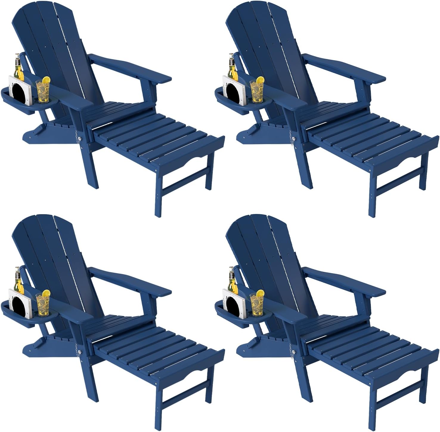 Adjustable Adirondack Chair with Retractable Ottoman Set of 2, HDPE Folding Adirondack Chair with Cup Holder, All Weather Fire Pit Chair for Outdoor.