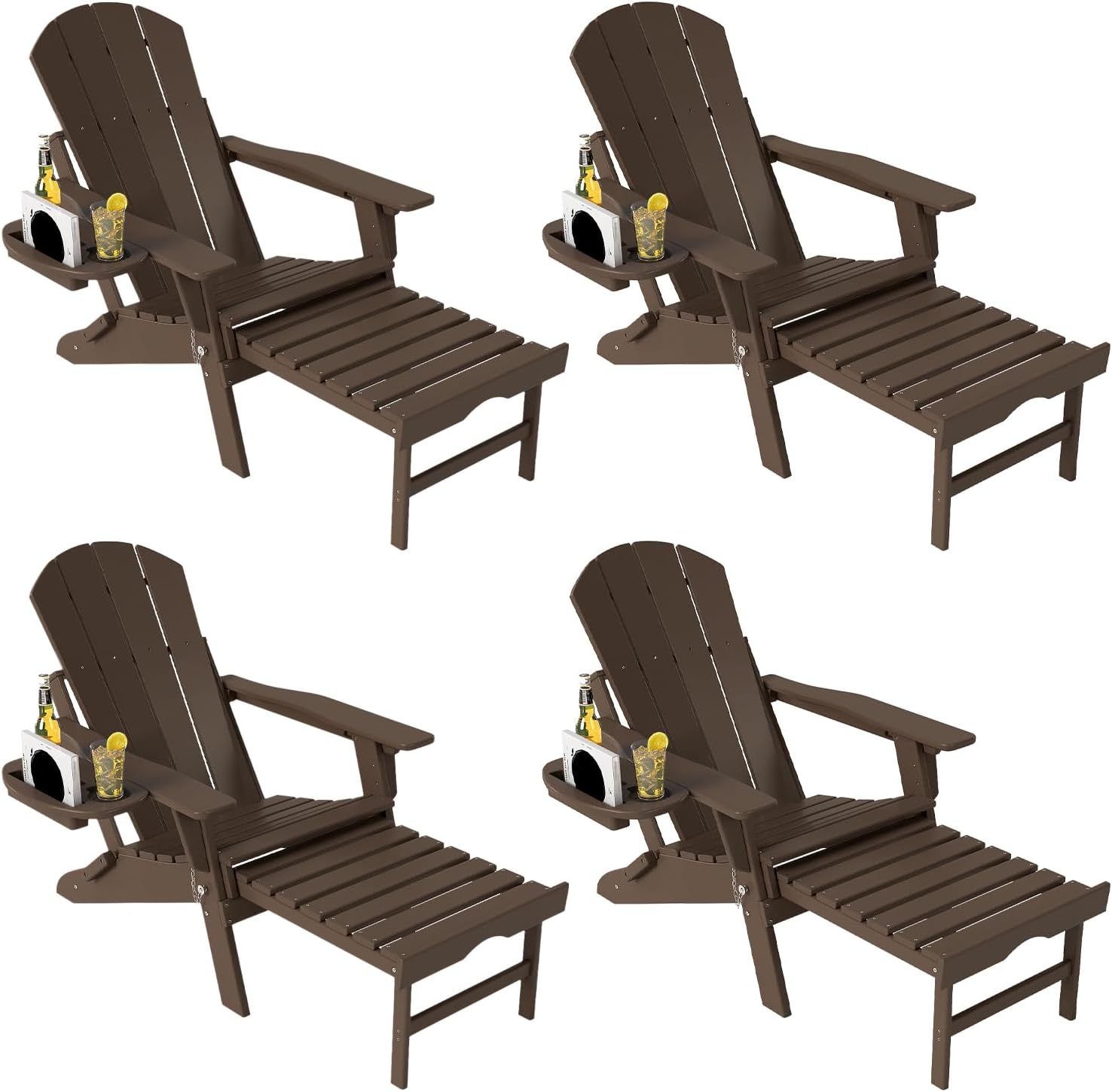 Adjustable Adirondack Chair with Retractable Ottoman Set of 2, HDPE Folding Adirondack Chair with Cup Holder, All Weather Fire Pit Chair for Outdoor.
