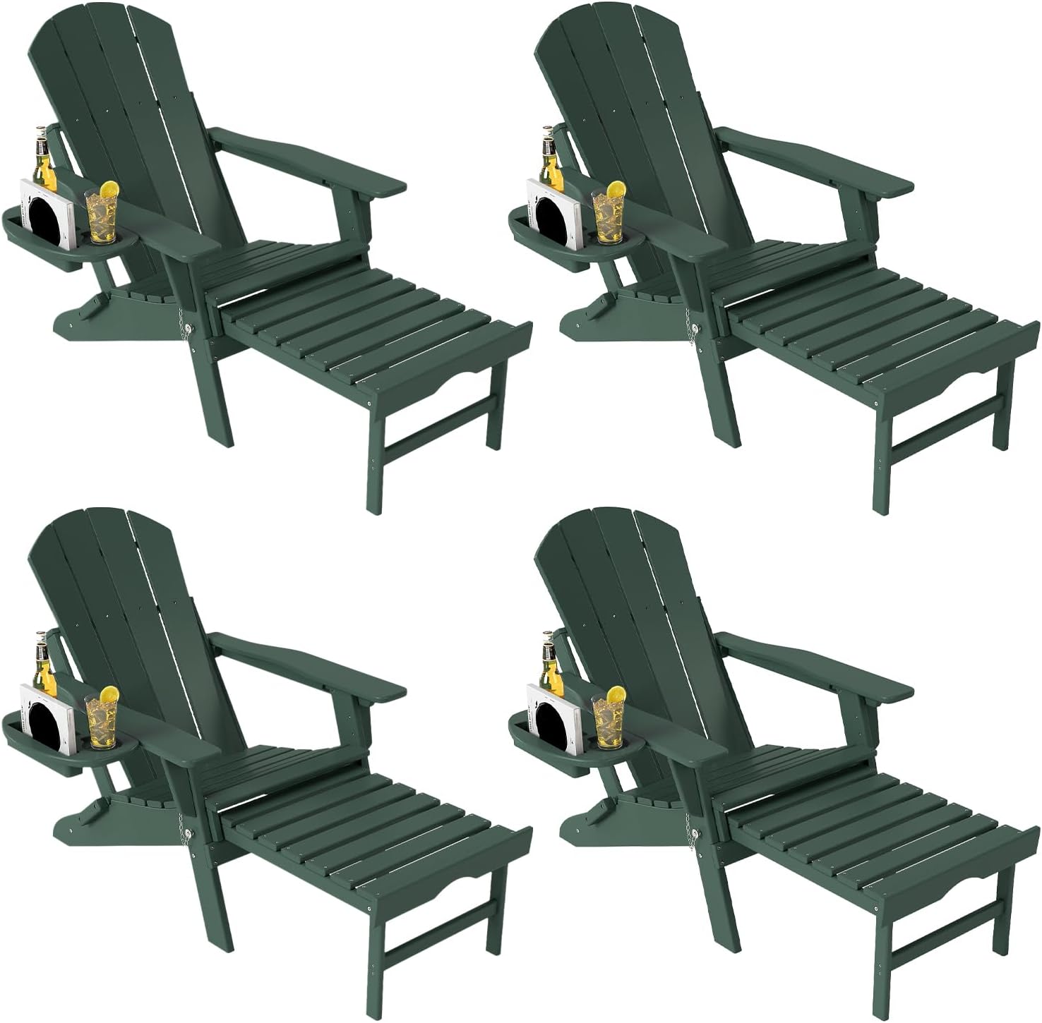 Adjustable Adirondack Chair with Retractable Ottoman Set of 2, HDPE Folding Adirondack Chair with Cup Holder, All Weather Fire Pit Chair for Outdoor.