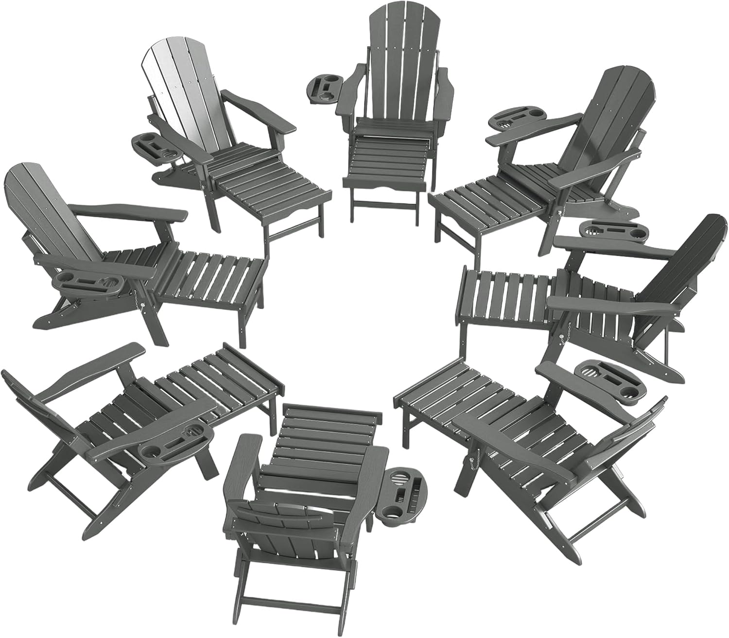 Adjustable Adirondack Chair with Retractable Ottoman Set of 2, HDPE Folding Adirondack Chair with Cup Holder, All Weather Fire Pit Chair for Outdoor.