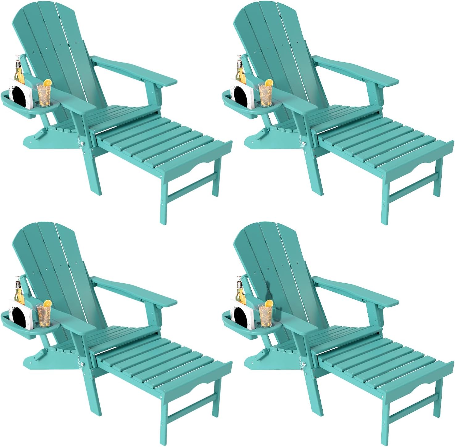 Adjustable Adirondack Chair with Retractable Ottoman Set of 2, HDPE Folding Adirondack Chair with Cup Holder, All Weather Fire Pit Chair for Outdoor.