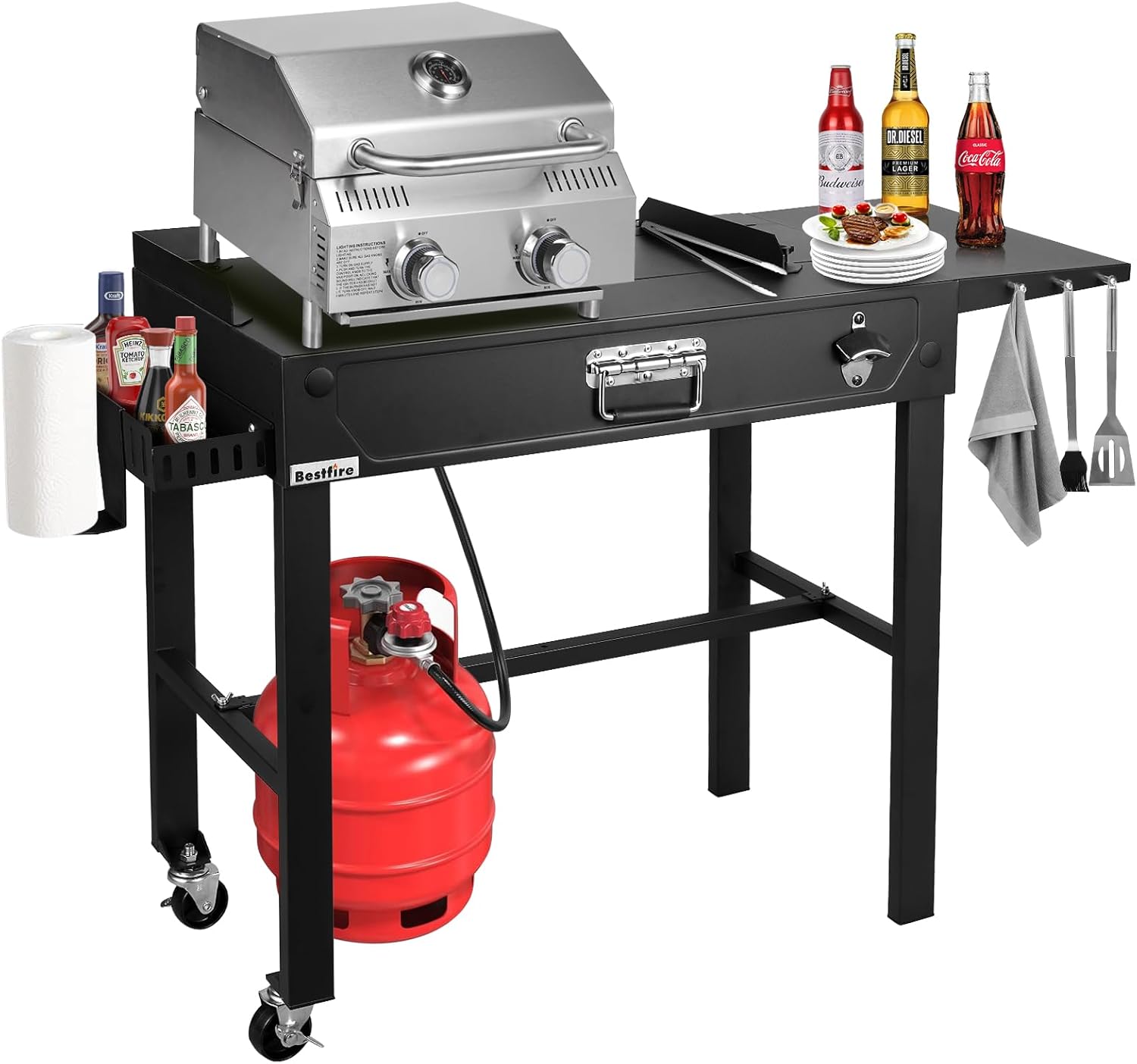 Bestfire 3-Burner Tabletop Gas Grill, 30,000 BTU Portable Propane Grill with Heavy-Duty Thickened Grates & Stainless Steel Knobs, Compact Design&Detachable Legs for Camping, RV, Backyard BBQ