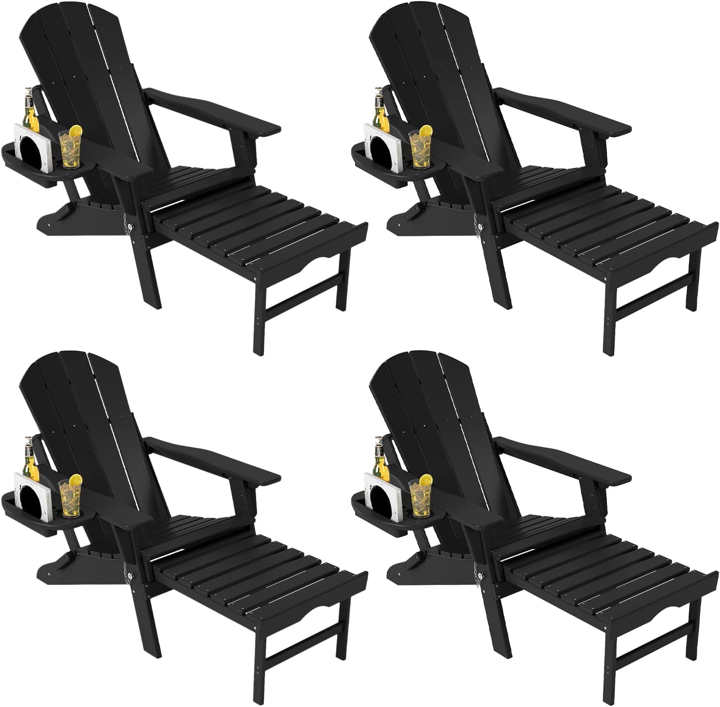 Adjustable Adirondack Chair with Retractable Ottoman Set of 2, HDPE Folding Adirondack Chair with Cup Holder, All Weather Fire Pit Chair for Outdoor.
