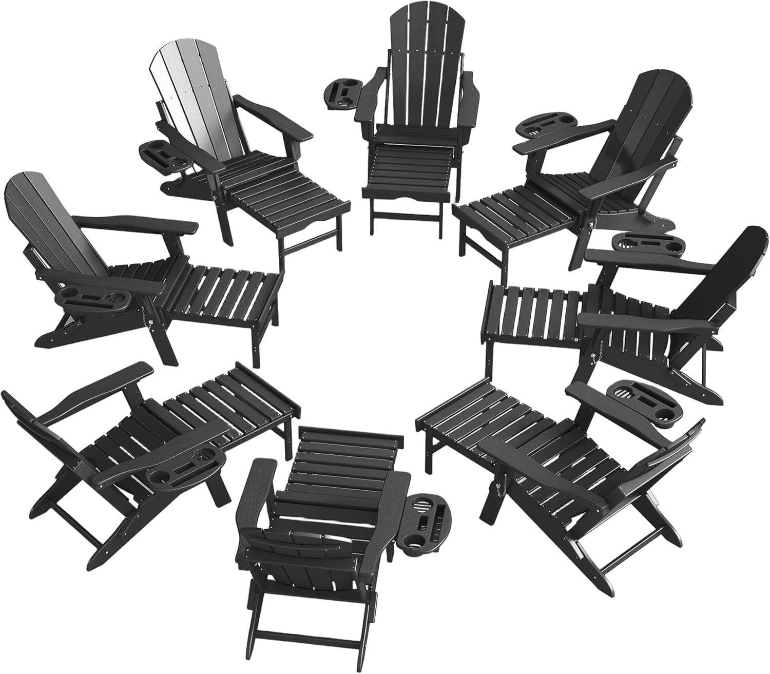 Adjustable Adirondack Chair with Retractable Ottoman Set of 2, HDPE Folding Adirondack Chair with Cup Holder, All Weather Fire Pit Chair for Outdoor.