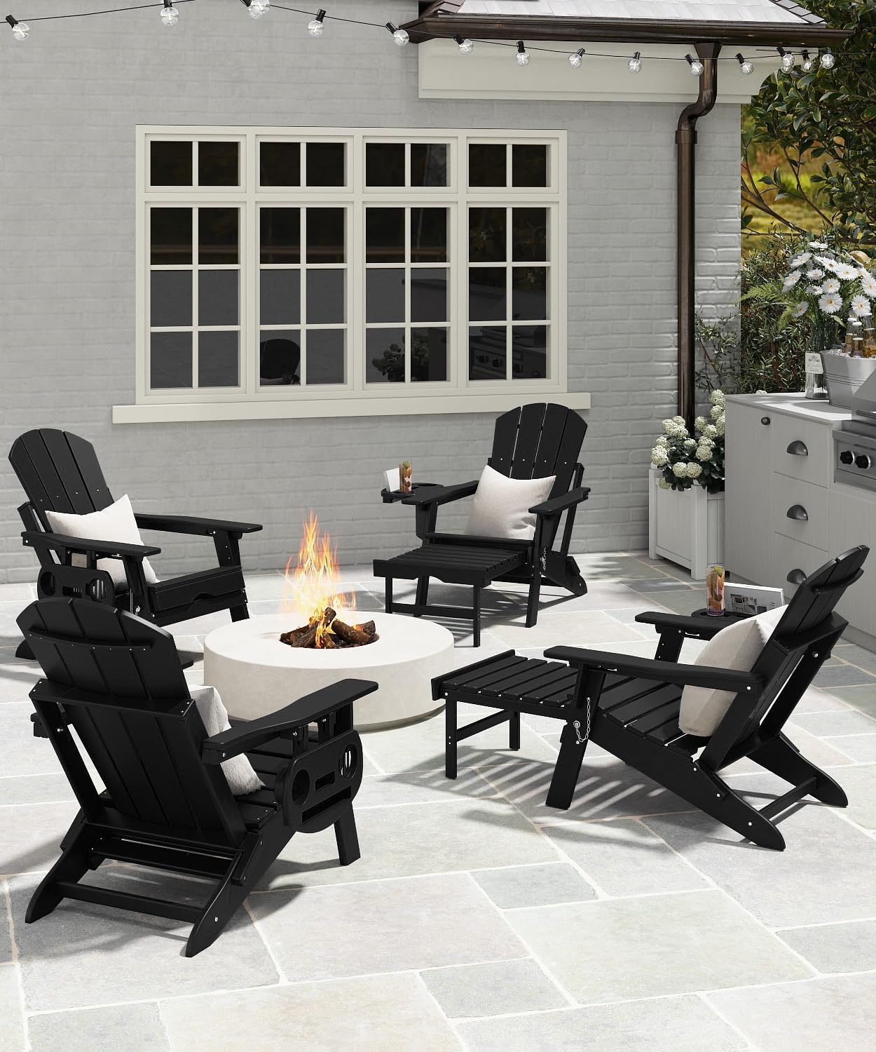 Adjustable Adirondack Chair with Retractable Ottoman Set of 2, HDPE Folding Adirondack Chair with Cup Holder, All Weather Fire Pit Chair for Outdoor.