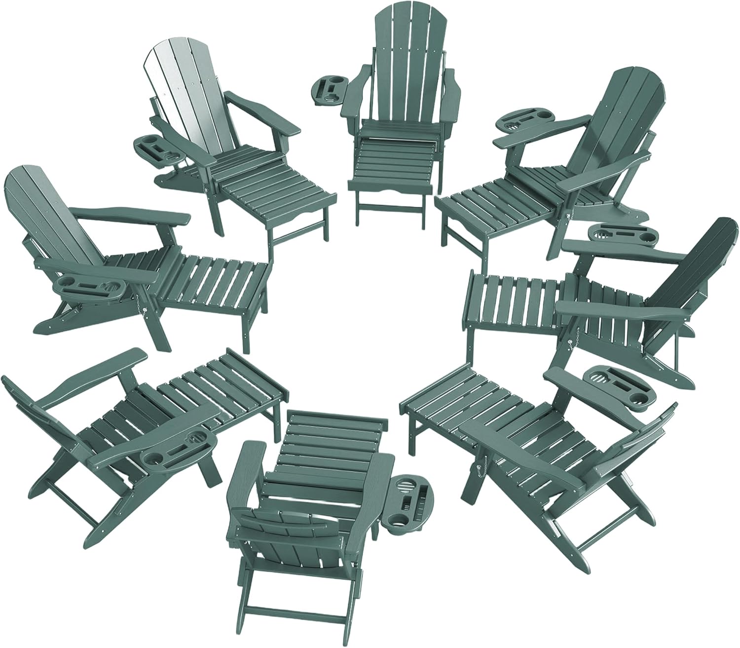 Adjustable Adirondack Chair with Retractable Ottoman Set of 2, HDPE Folding Adirondack Chair with Cup Holder, All Weather Fire Pit Chair for Outdoor.