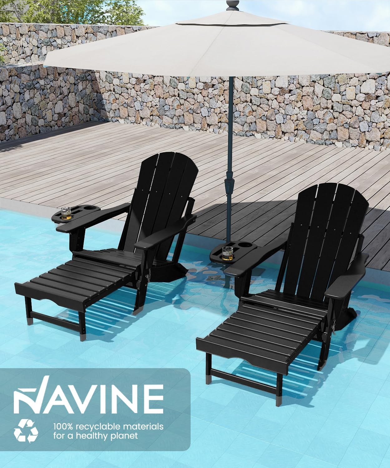 Adjustable Adirondack Chair with Retractable Ottoman Set of 2, HDPE Folding Adirondack Chair with Cup Holder, All Weather Fire Pit Chair for Outdoor.