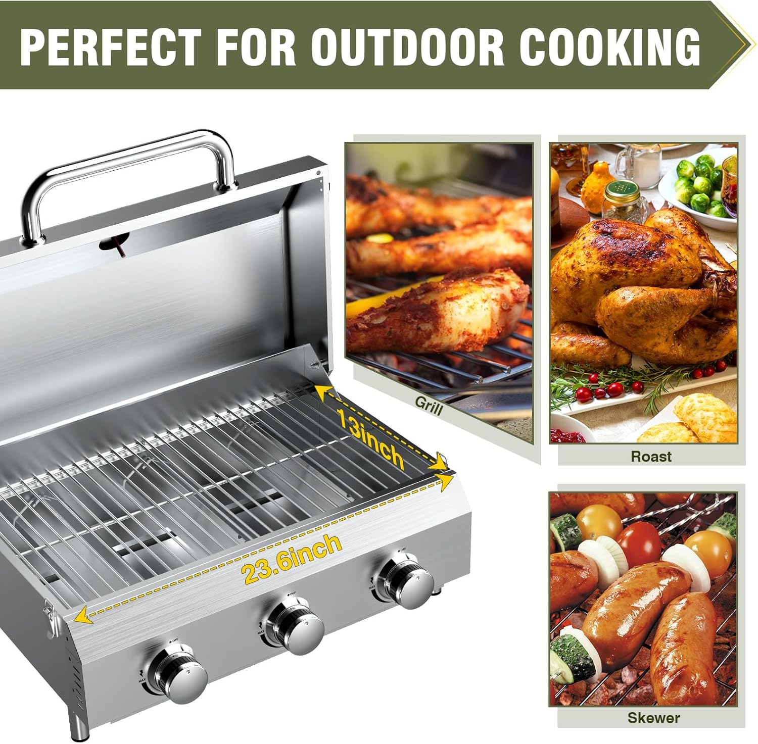 Bestfire 3-Burner Tabletop Gas Grill, 30,000 BTU Portable Propane Grill with Heavy-Duty Thickened Grates & Stainless Steel Knobs, Compact Design&Detachable Legs for Camping, RV, Backyard BBQ