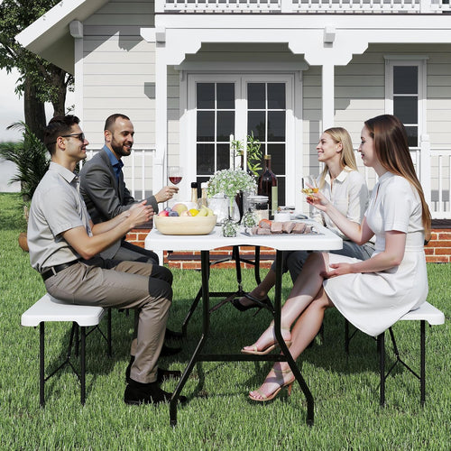 6 FT White Picnic Folding Table Set with 2 Benches, Portable Patio Dining Sets for Backyard, Lawn, Event, Party, Camping