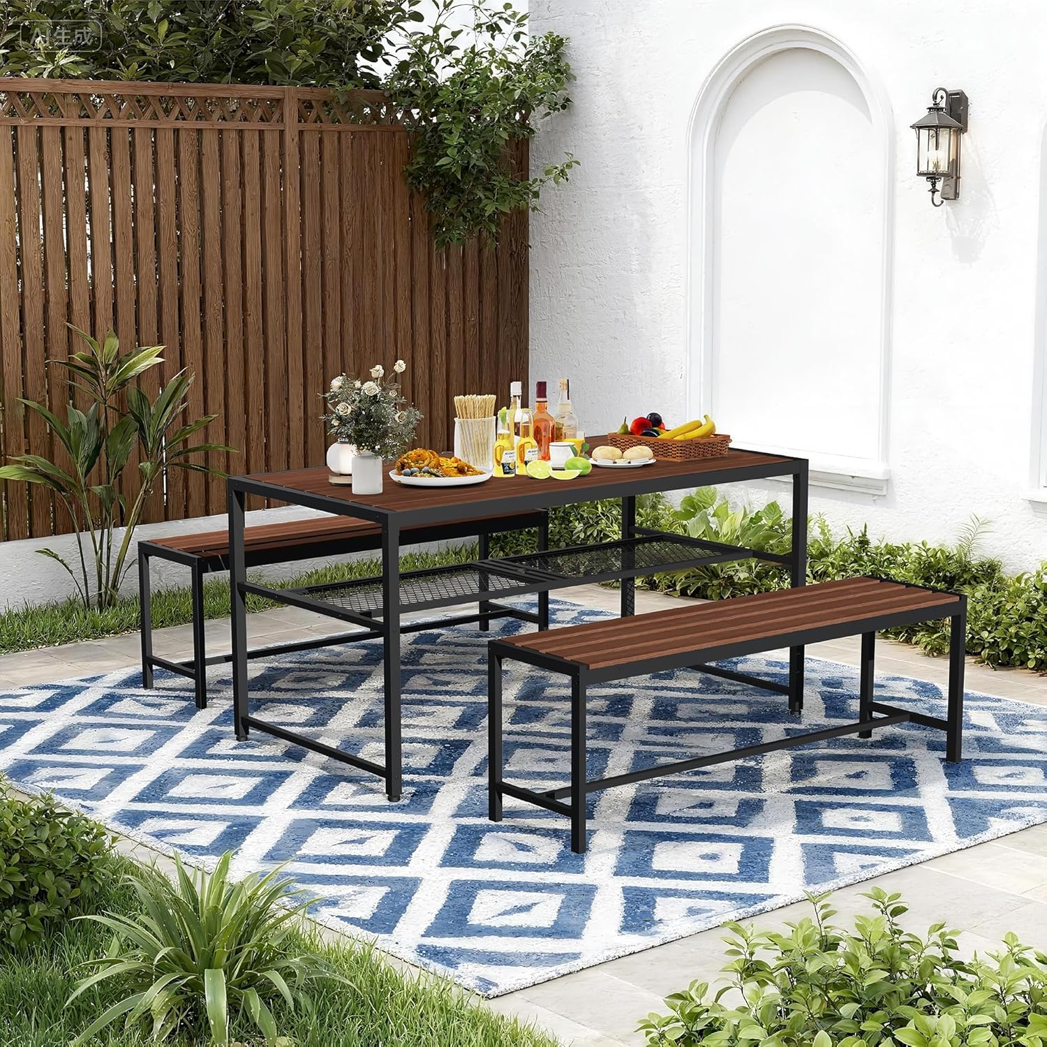 55'' Outdoor Picnic Table and Bench Set with 2" Umbrella Hole and Storage Shelf, Patio Dining Set for 6 People, Outdoor Dining Table and Chair for Garden Yard Porch- Brown